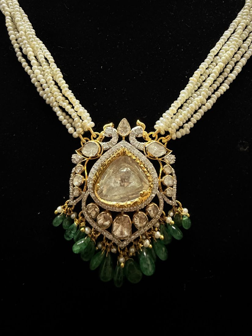 Polki pendant on pearl strands with emerald drops
