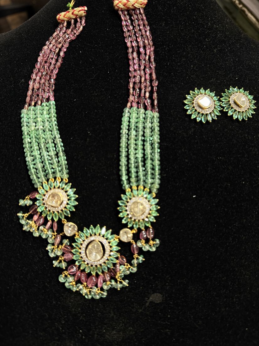 Pink and green bead bridal set with earrings